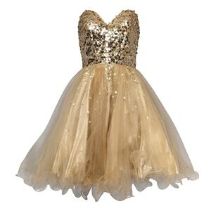 Vintage Y2K Night Moves Gold Sequin Party Mini Dress Sz 2 Tutu Prom Fairy Glam